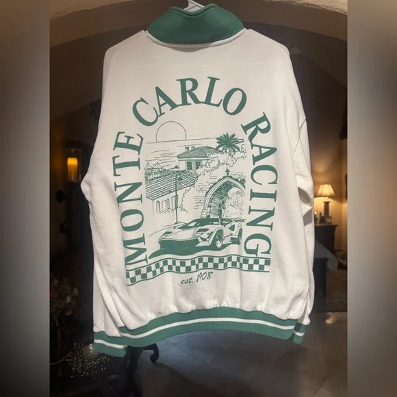 Zoe + Liv Cream and Green Racing Zip-Up Sweater - Picture 2 of 3